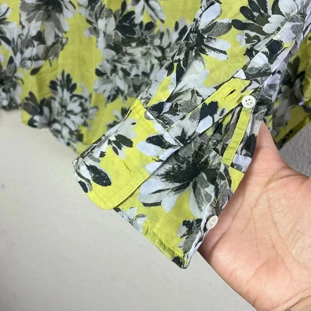 J. Crew Silk Cotton Blend Button Down Floral Shirt long sleeve yellow grey SZ 0